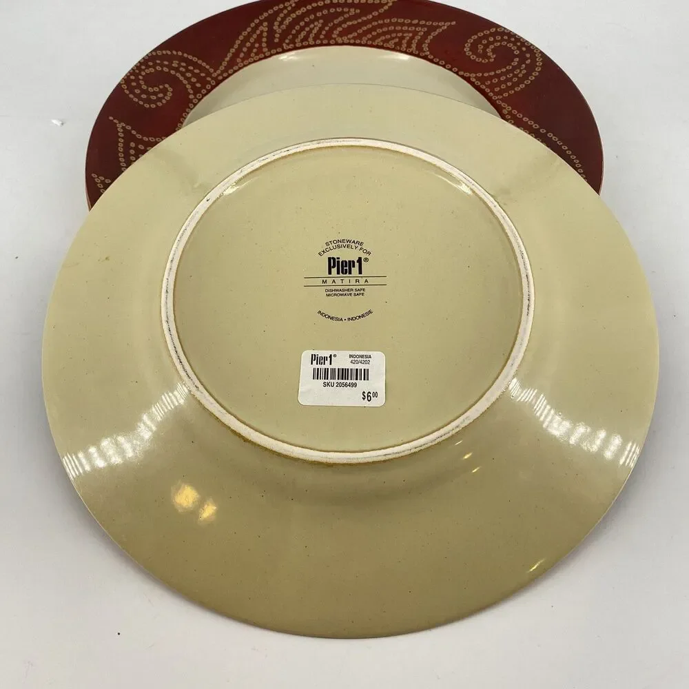Pier 1 Matira Dinner Plates Set of 3 Red Scroll Rim Stoneware 10.5”